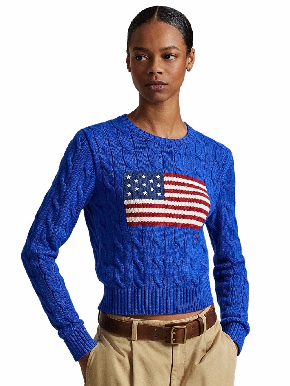 Polo by Ralph Lauren Royal Blue Cable-Knit Flag Crew Sweater